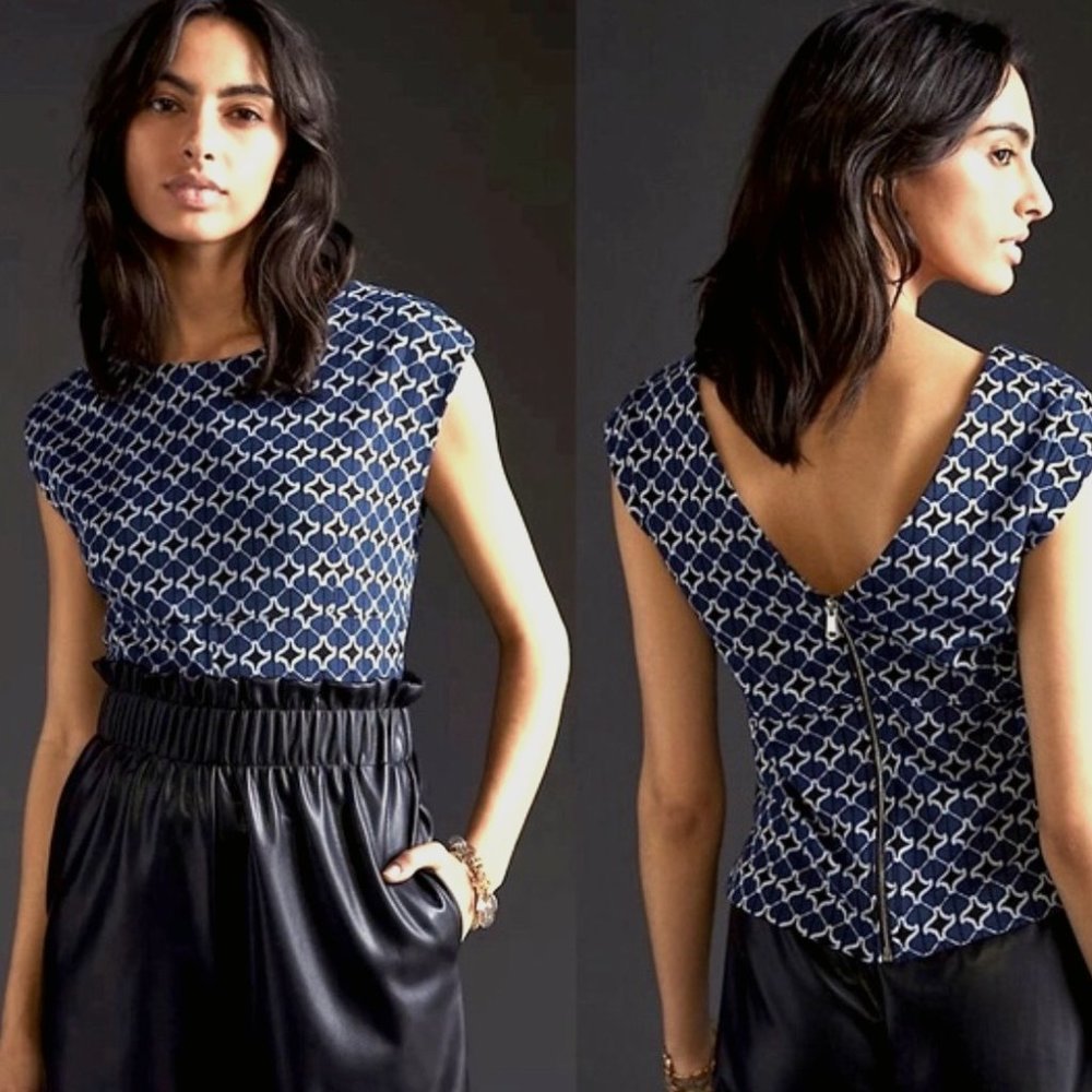 Maeve Blue Jacquard Sleeveless Zippered Knit Top - S